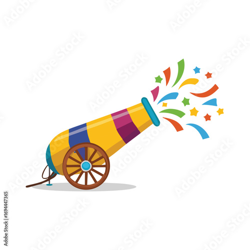 Festive cannon launching colorful confetti and stars celebration party
