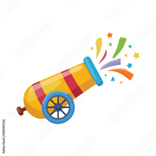 Festive cannon shooting colorful confetti and stars celebration