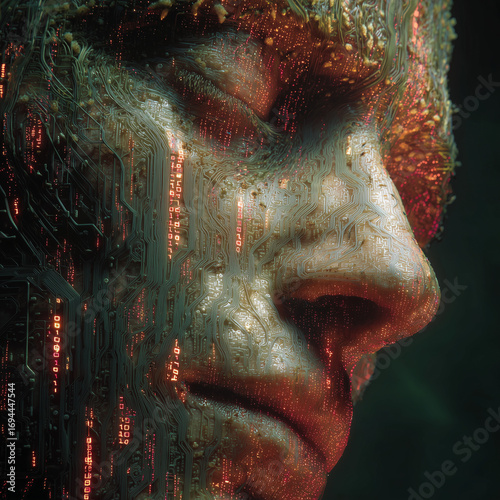 Face with Circuit Board Pattern and Binary Code Overlay