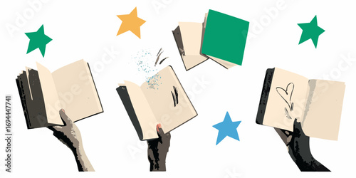Hands holding open books with stars and abstract elements symbolizing imagination and learning