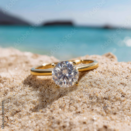 Gold Ring with Diamond on Beach Sand