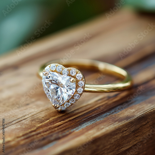 Gold Ring with Heart-Shaped Diamond on Wood