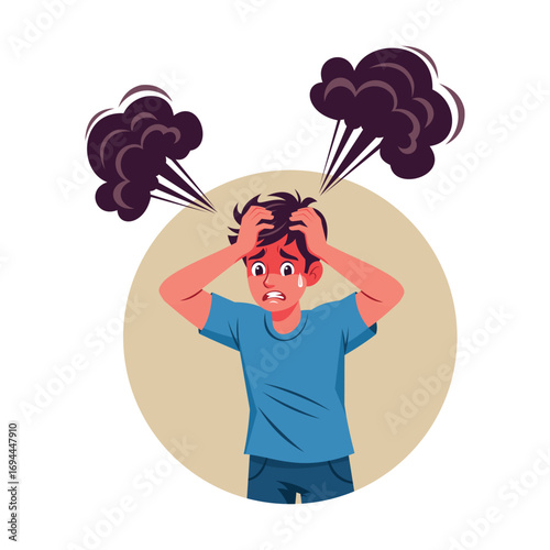 Cartoon of a stressed boy with hands on his head and smoke coming from head on a cream colored background