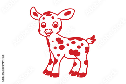 Smiling calf with red spots is drawn in a simple and cute style