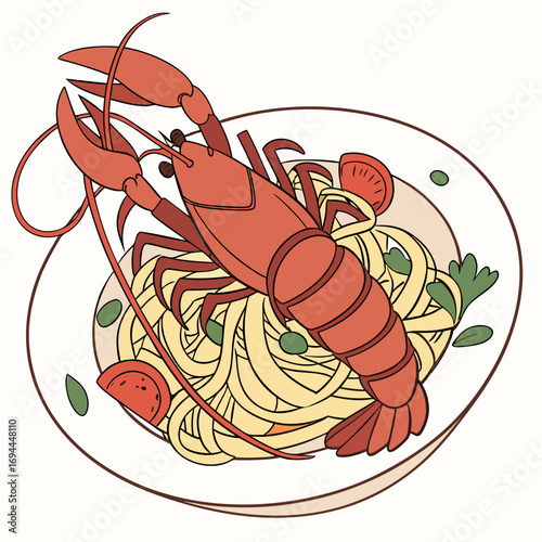 A savory culinary delight featuring a whole red lobster served over fresh pasta, a classic gourmet seafood meal illustration