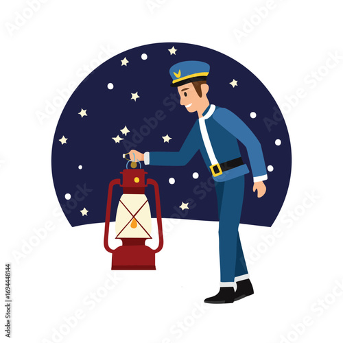 Man in uniform holding lantern under starry night sky blue