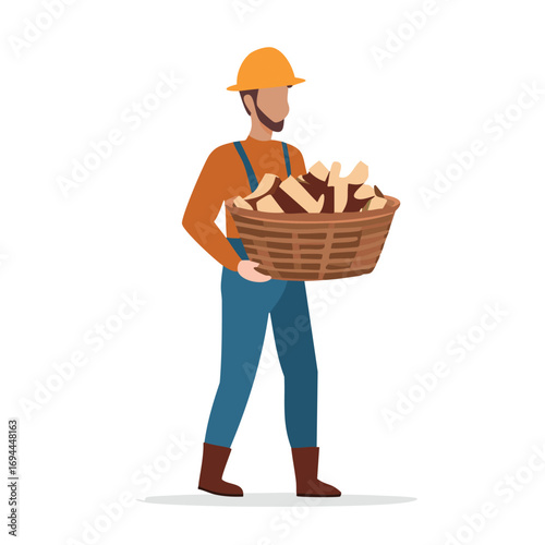 Man wearing hard hat and overalls carrying basket of wood vector