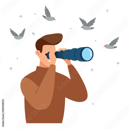 Man observing birds through telescope binoculars looking