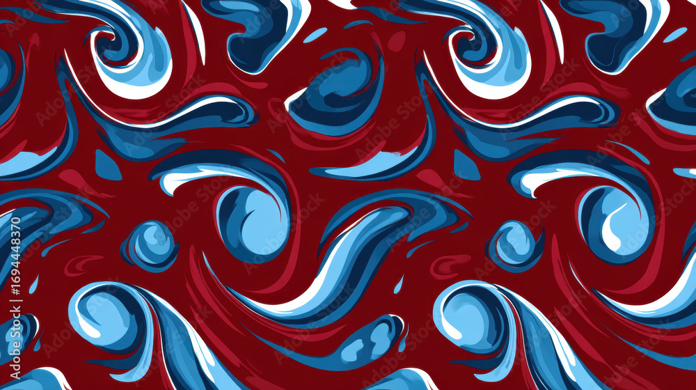 Obraz premium Abstract swirl pattern with blue and white shapes on deep red background, creating dynamic and fluid visual effect with smooth curves and vibrant colors