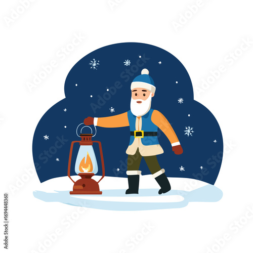 Old man with lantern in snowy night winter