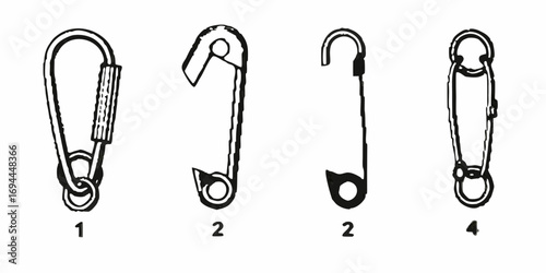 Collection of illustrated carabiner and safety pin style fasteners and connectors on a white background
