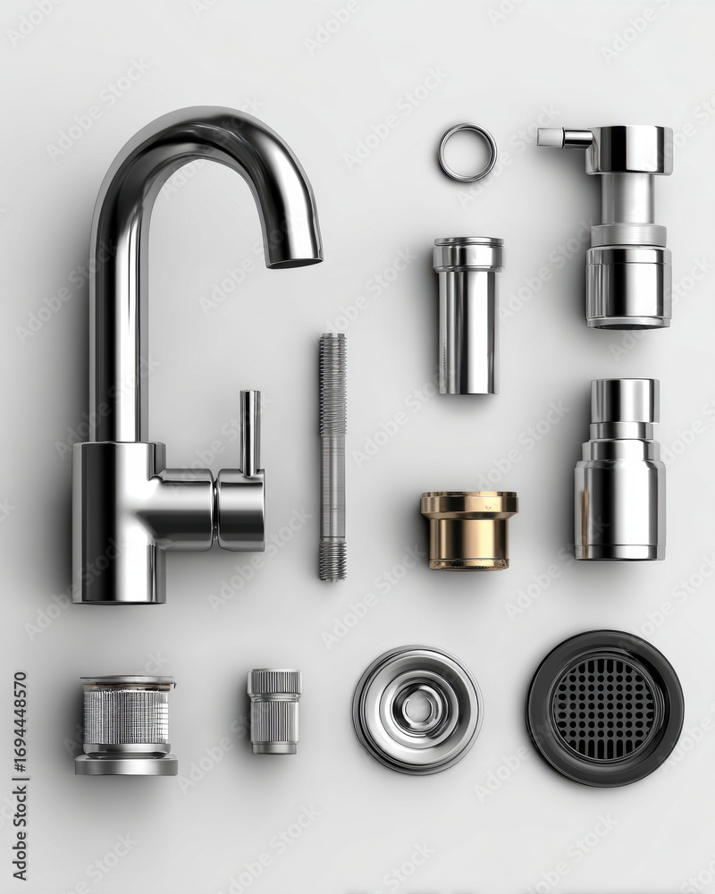 © Punn - Modern chrome kitchen faucet with various plumbing parts and fittings arranged on white background, showcasing shiny metal surfaces and sleek design for home improvement projects © Punn - Modern chrome kitchen faucet with various plumbing parts and fittings arranged on white background, showcasing shiny metal surfaces and sleek design for home improvement projects