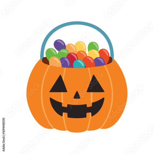 Orange pumpkin basket filled with colorful candies and a blue handle jack o lantern