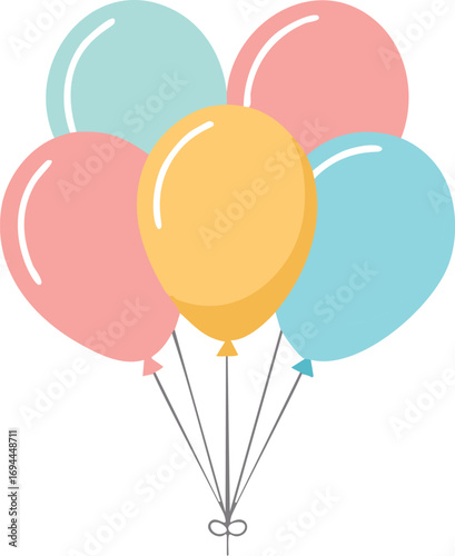 Pastel colored balloons floating with strings pink yellow