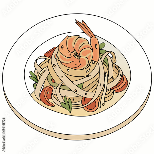 Hand-drawn vector illustration of a delicious plate of shrimp fettuccine pasta with tomatoes and herbs, an Italian cuisine concept