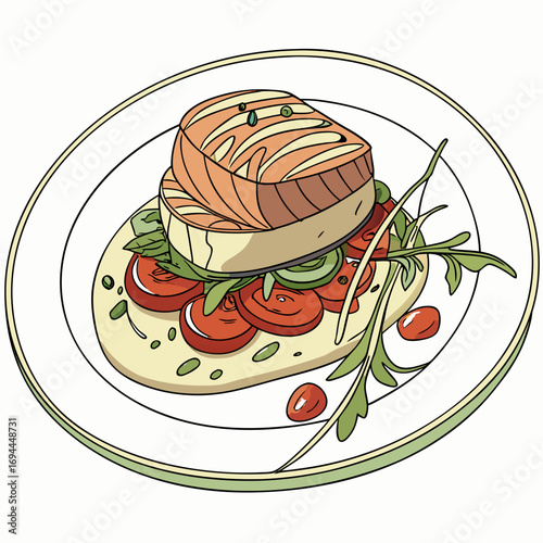 Appetizing illustration of a gourmet vegetarian dish, featuring grilled cheese slices stacked on fresh tomatoes, basil, and vibrant arugula, with savory dressing on a clean white plate