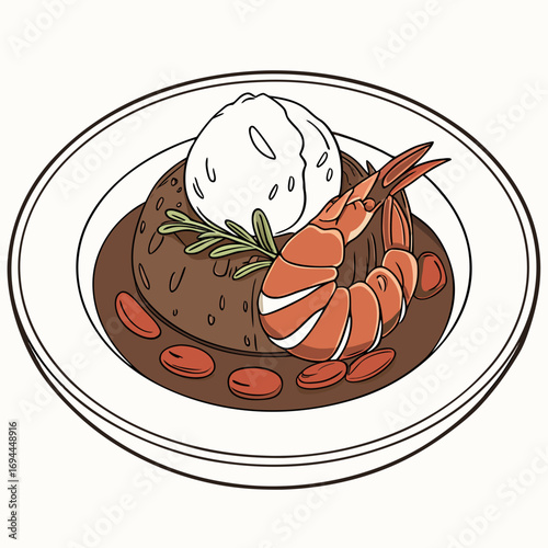 Delicious Shrimp Dish with Creamy Sauce and Rosemary Garnish