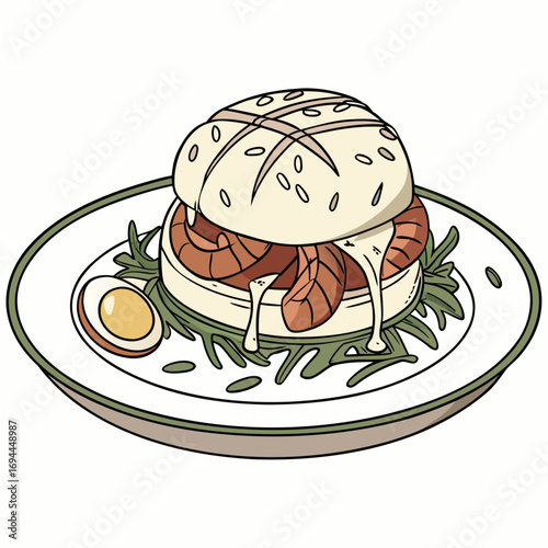 A delectable cartoon illustration of a gourmet shrimp sandwich featuring creamy sauce, fresh arugula, and a boiled egg on a white plate