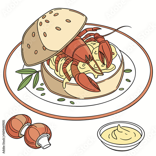 Culinary line art illustration of a decadent lobster burger with rich sauce, served with mushrooms on a classic white plate for a gourmet menu