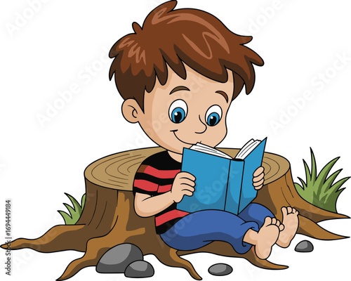 Cartoon child reading book while sitting barefoot near tree stump outdoors, peaceful nature learning illustration for education, forest, study concept