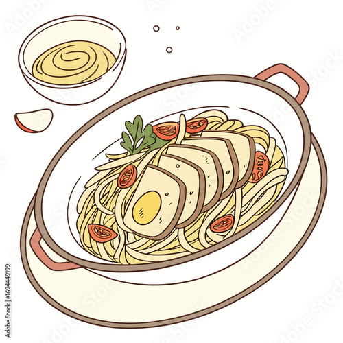 Delicious homemade spaghetti served in a pan, featuring sliced chicken, egg, and fresh tomatoes, an isolated vector food illustration