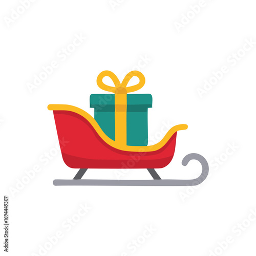 Red sleigh with teal gift and yellow ribbon present christmas