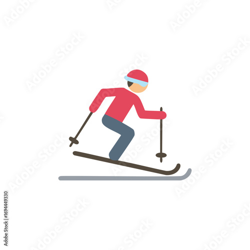 Red suited skier with goggles and poles skiing winter sport