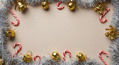 festive christmas background with gold decorations candy canes and silver tinsel on beige surface