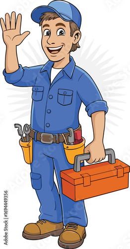 Smiling cartoon handyman in blue uniform holding toolbox and waving, professional technician character illustration for repair, service, maintenance concept