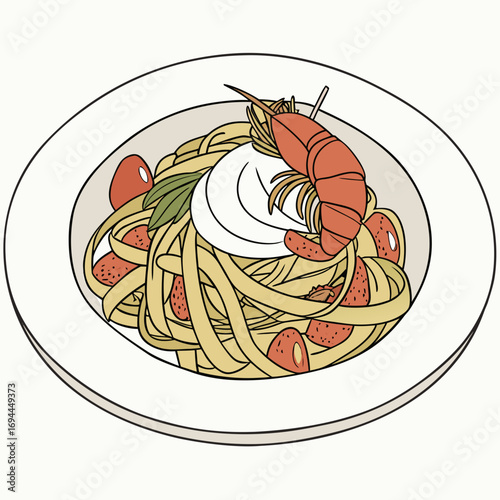 Elegant illustration of a gourmet Italian linguine dish with a large prawn, creamy burrata cheese, fresh basil and cherry tomatoes on a white plate