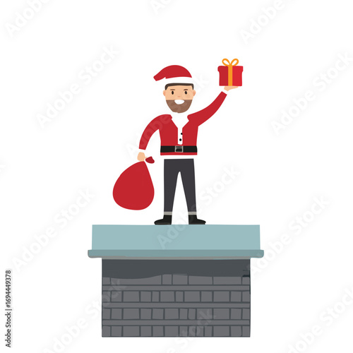 Santa Claus with gift and sack on chimney christmas