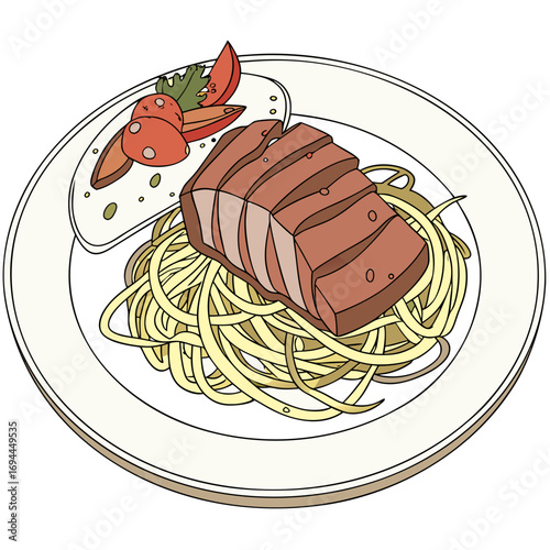 Stylized cartoon illustration of a gourmet dinner plate with sliced grilled meat, pasta, and a creamy vegetable sauce