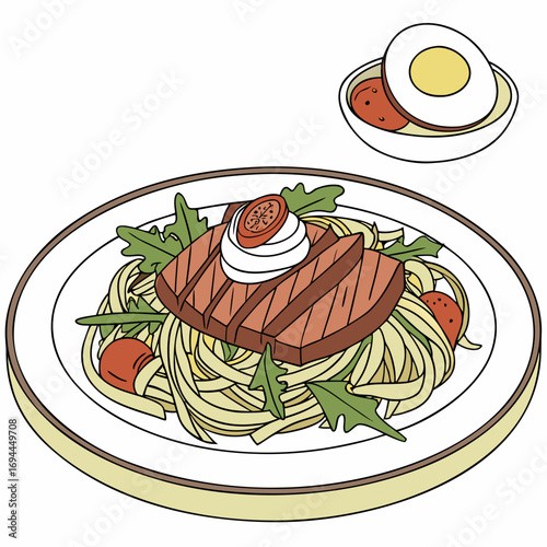 Gourmet illustration of a wholesome pasta meal, featuring perfectly grilled protein, fresh arugula, and cherry tomatoes, accompanied by a light side of hard-boiled egg and tomato salad