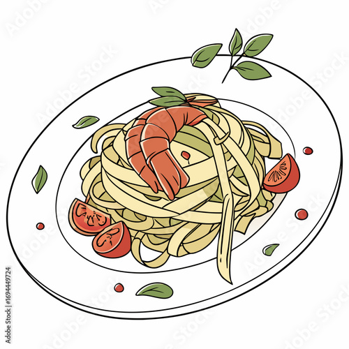 Hand-drawn sketch of a gourmet Italian seafood dish with fettuccine, prawns, cherry tomatoes, and fresh basil