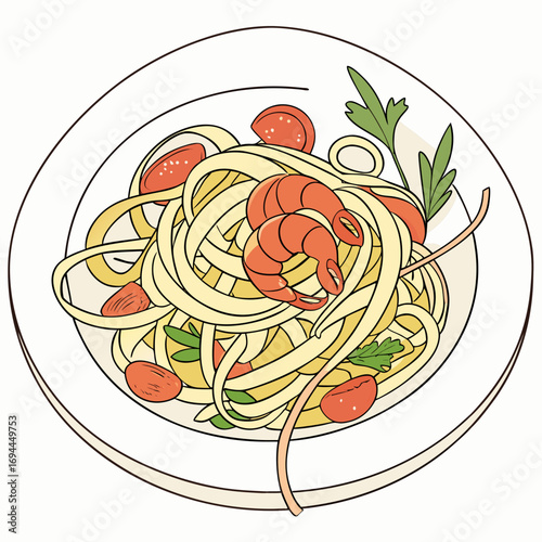 Hand-drawn illustration of a delicious Italian seafood pasta dish with shrimp, fresh cherry tomatoes, and parsley on a white plate