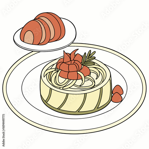 Gourmet pasta dish with seafood topping and a side of sliced meat, an elegant culinary illustration for a restaurant menu or recipe book
