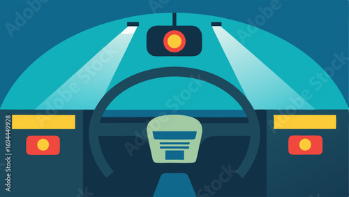Dome Lights and Alert Systems A depiction of a vehicle interior with bright dome lights and alert signals integrated into the car for visually impaired drivers promoting awareness