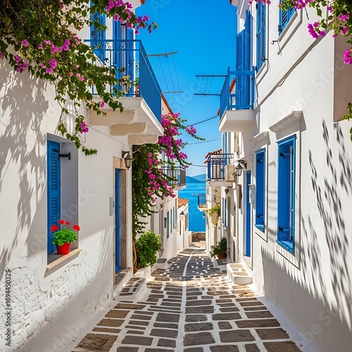 Fototapeta Naklejka Na Ścianę i Meble -  Greek Island Street with Sunny Day.