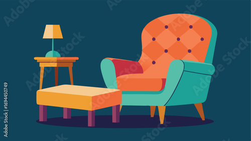 A mix of vintage and modern furniture such as a velvet ottoman and a midcentury armchair creating a unique and eclectic look.