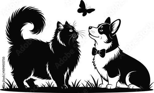 Charming black and white illustration of a fluffy cat and a pembroke welsh corgi dog with a butterfly