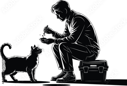 Silhouette of a man sitting on a box offering food to a curious black cat