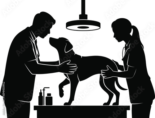 Veterinarians examining a dog on a table under a bright light in a clinic or hospital setting