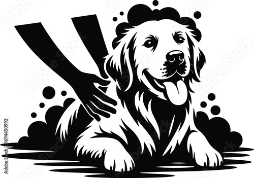 Happy golden retriever dog enjoying a relaxing massage and grooming session with bubbles