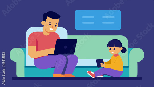 At Home A parent sitting on a couch with a tablet dictating a message while a child plays nearby. The screen displays transcribed text in a clear font.