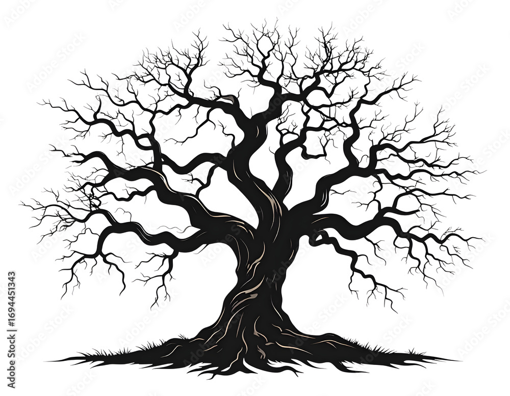 Fototapeta premium Majestic Oak Silhouette: A commanding silhouette of a grand oak tree, its gnarled branches reaching towards the sky. This monochromatic illustration embodies strength, resilience.