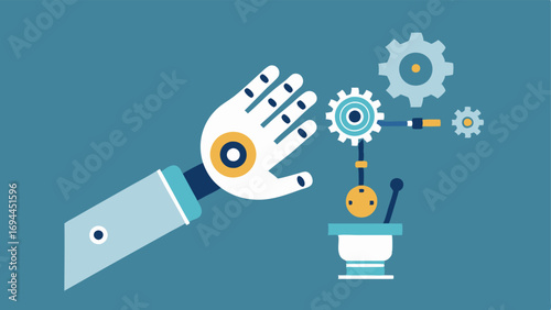 Complex Assembly A bionic hand assembling small mechanical parts demonstrating its precision in aligning gears under a focused light.