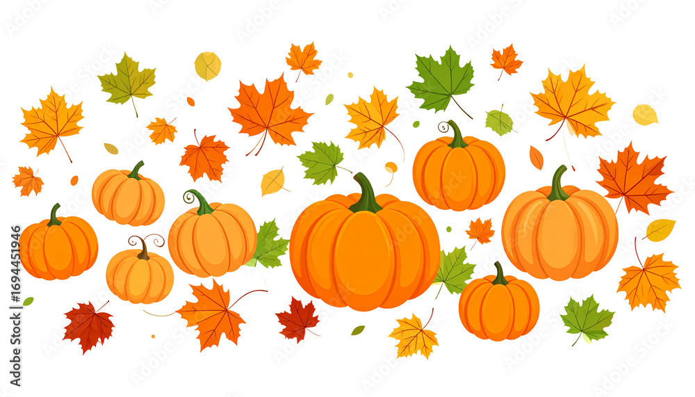 Naklejka premium all decor of pumpkins and leaves on white background, vector