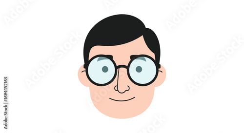 Cartoon character with glasses and dark hair smiling gently wearing a round rimmed eyewear