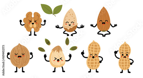 Adorable cartoon nuts performing yoga poses demonstrating healthy lifestyle and nutrition