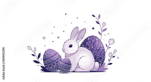 Spring easter bunny cute rabbit sitting among eggs and flowers